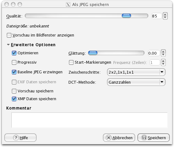 Exportdialog des JPEG-Formates